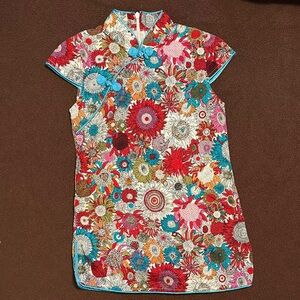 Vibrant Floral Dress with Blue Trim